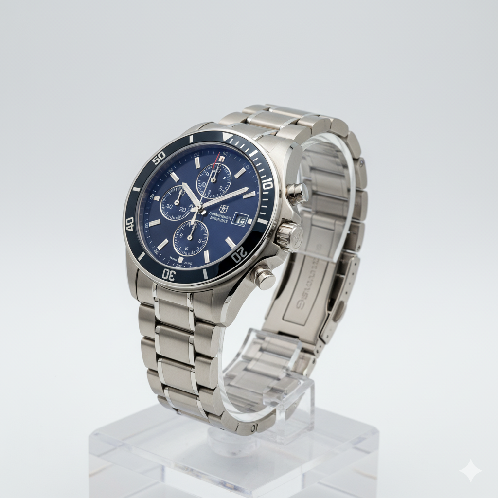 Close-up, three-quarter view of a silver-toned men's chronograph watch with a deep blue dial and stainless steel bracelet, displayed on a clear acrylic stand against a white studio background. The watch features a black unidirectional bezel, three sub-dials, luminous hands and markers, and a date window.