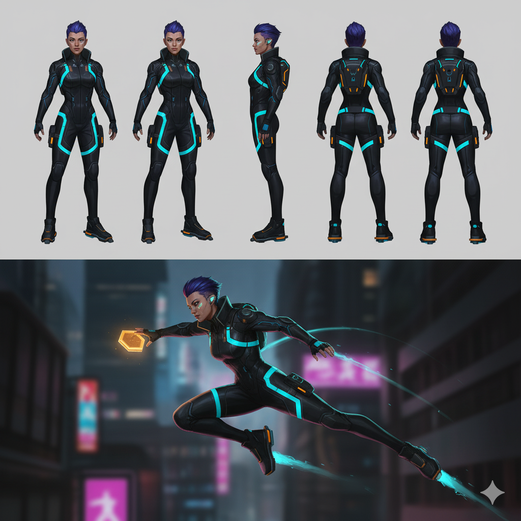 Cyberpunk character sheet with multiple views showing front, side, back, and action poses with neon blue and pink lighting accents